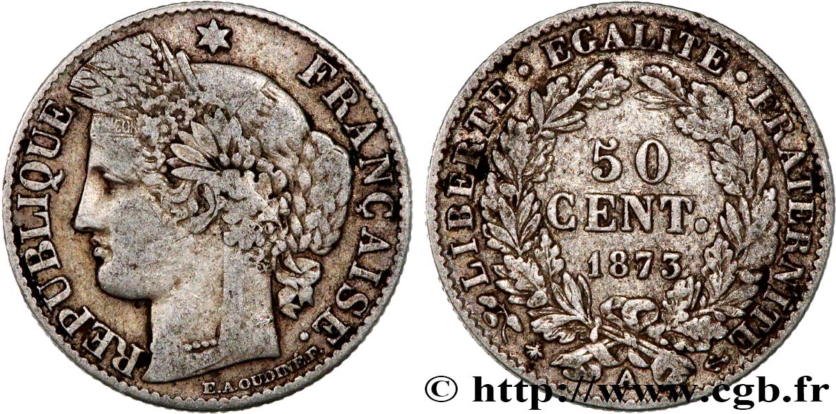50 centimes Cérès, Troisième République 1873 Paris F.189/5 VF25 