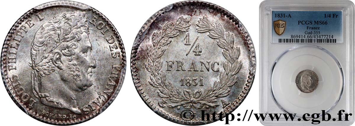 1/4 franc Louis-Philippe 1831 Paris F.166/1 ST66 PCGS