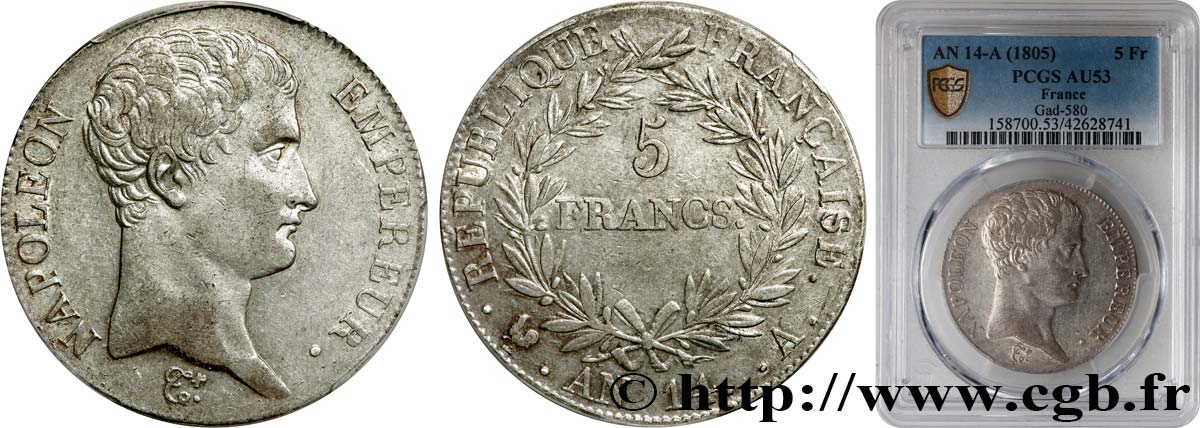 5 francs Napoléon Empereur, Calendrier révolutionnaire 1805 Paris F.303/19 AU53 PCGS