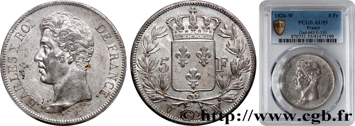5 francs Charles X, 1er type 1826 Lille F.310/27 VZ55 PCGS