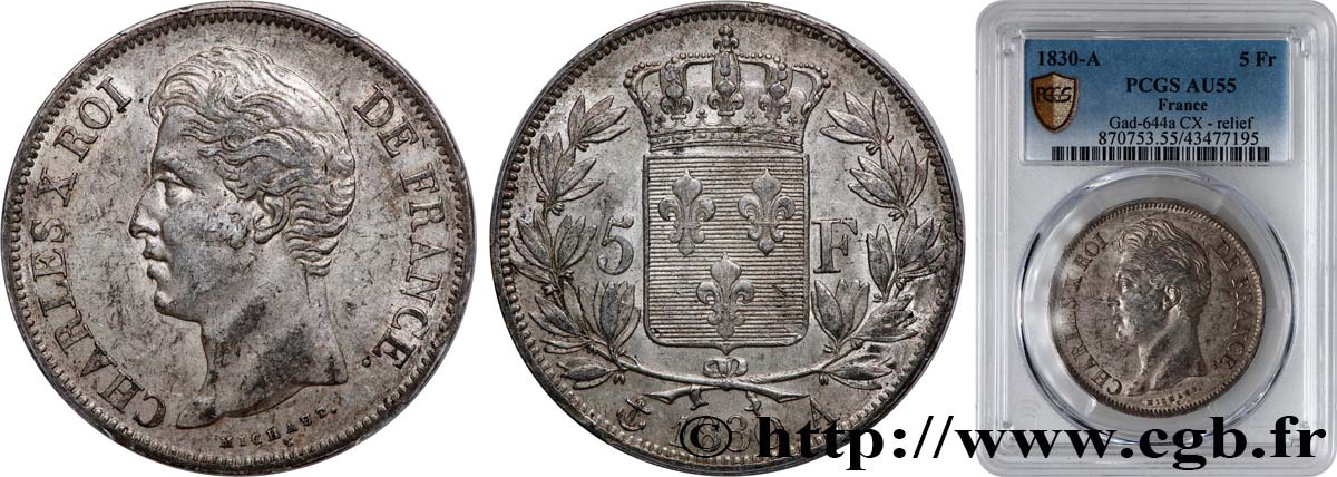 5 francs Charles X 2e type, tranche en relief 1830 Paris F.312/1 AU55 PCGS