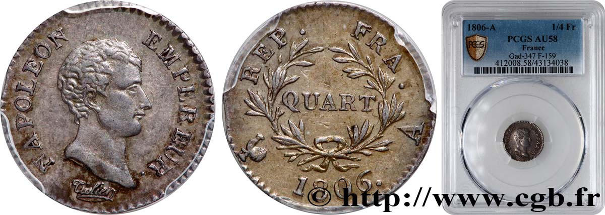 Quart (de franc) Napoléon Empereur, Calendrier grégorien 1806 Paris F.159/1 VZ58 PCGS
