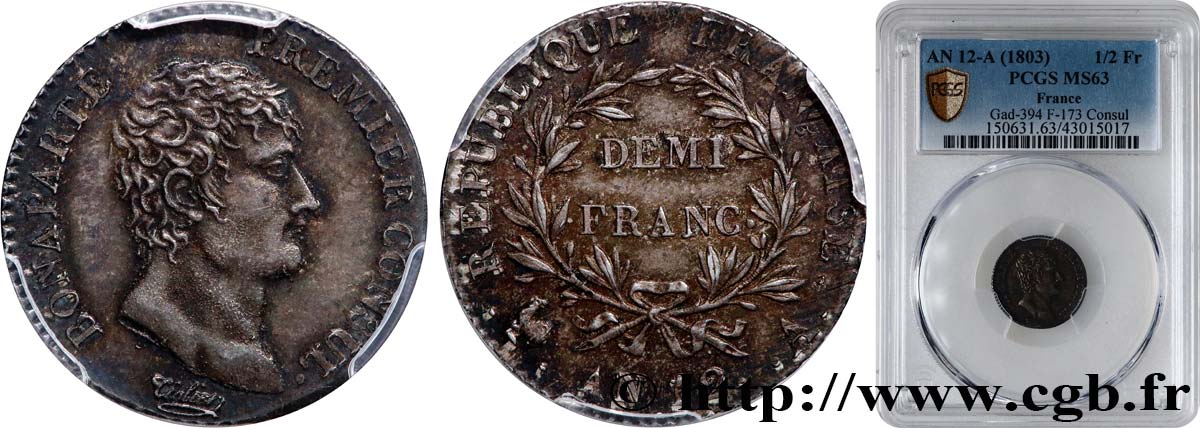 Demi-franc Bonaparte Premier Consul 1804 Paris F.173/2 MS63 PCGS