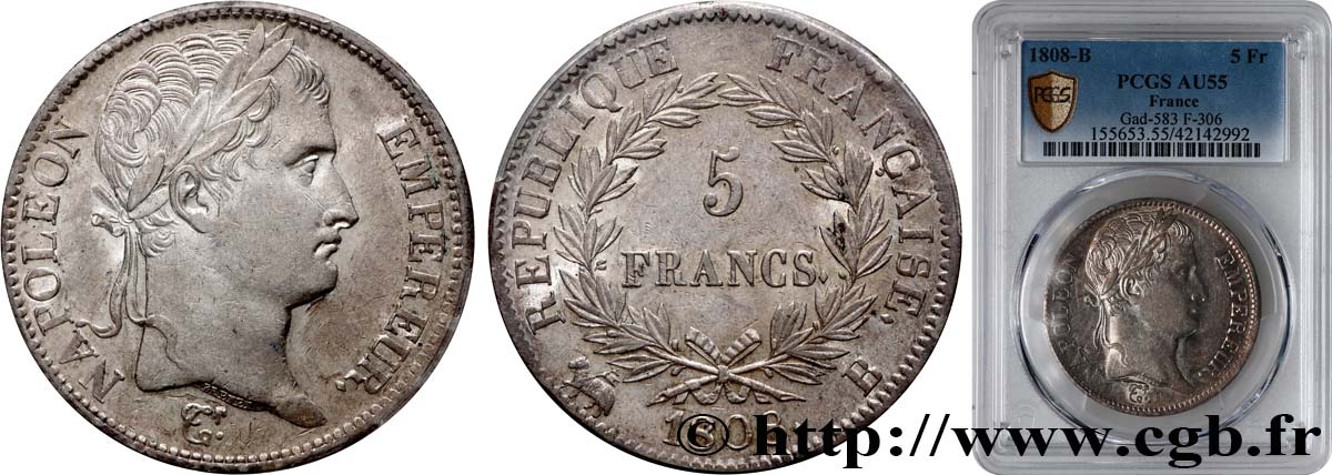 5 francs Napoléon empereur, République française 1808 Rouen F.306/3 AU55 PCGS