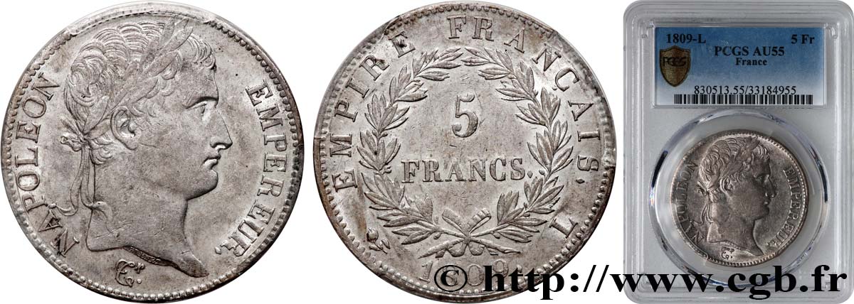 5 francs Napoléon Empereur, Empire français 1809 Bayonne F.307/8 VZ55 PCGS