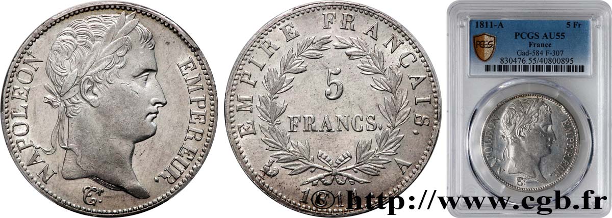 5 francs Napoléon Empereur, Empire français 1811 Paris F.307/27 EBC55 PCGS