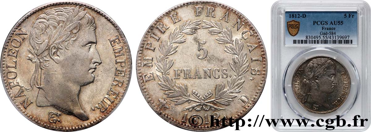 5 francs Napoléon Empereur, Empire français 1812 Lyon F.307/44 AU55 PCGS