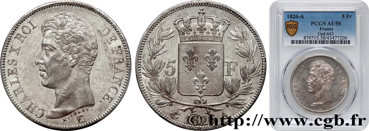 5 francs Charles X, 1er type 1826 Paris F.310/15 EBC58 PCGS