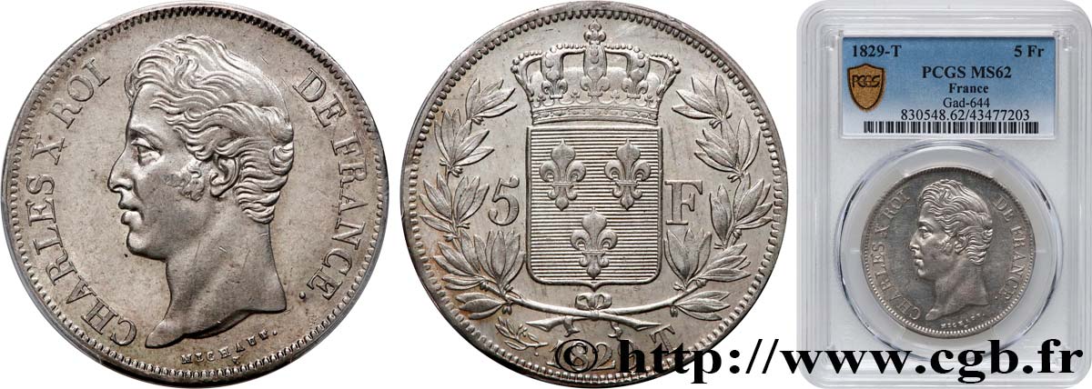 5 francs Charles X, 2e type 1829 Nantes F.311/38 EBC62 PCGS