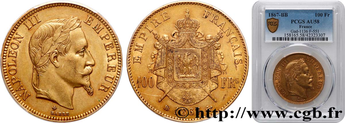 100 francs or Napoléon III, tête laurée 1867 Strasbourg F.551/9 AU58 PCGS