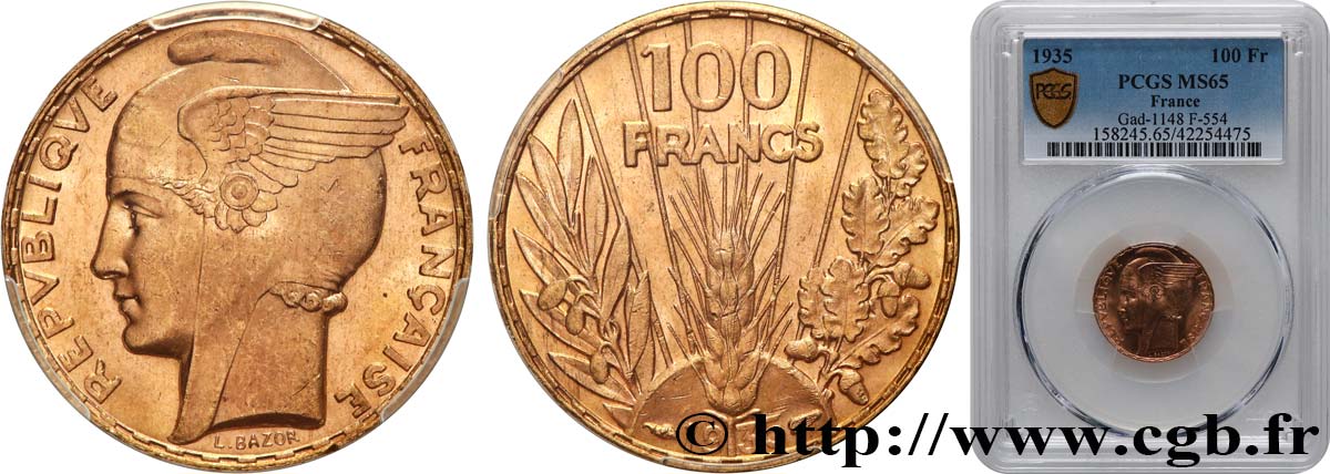 100 francs or, Bazor 1935 Paris F.554/6 ST65 PCGS