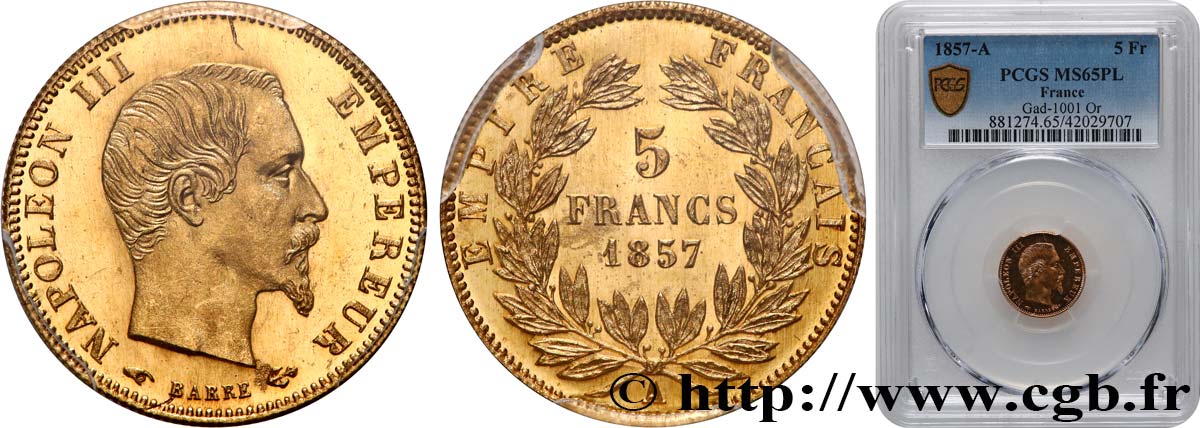 5 francs or Napoléon III, tête nue, grand module 1857 Paris F.501/4 MS65 PCGS
