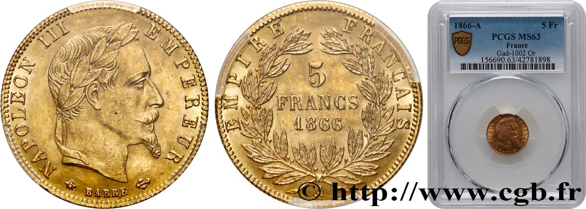5 francs or Napoléon III, tête laurée 1866 Paris F.502/9 SPL63 PCGS