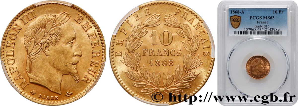 10 francs or Napoléon III, tête laurée 1868 Paris F.507A/17 SPL63 PCGS
