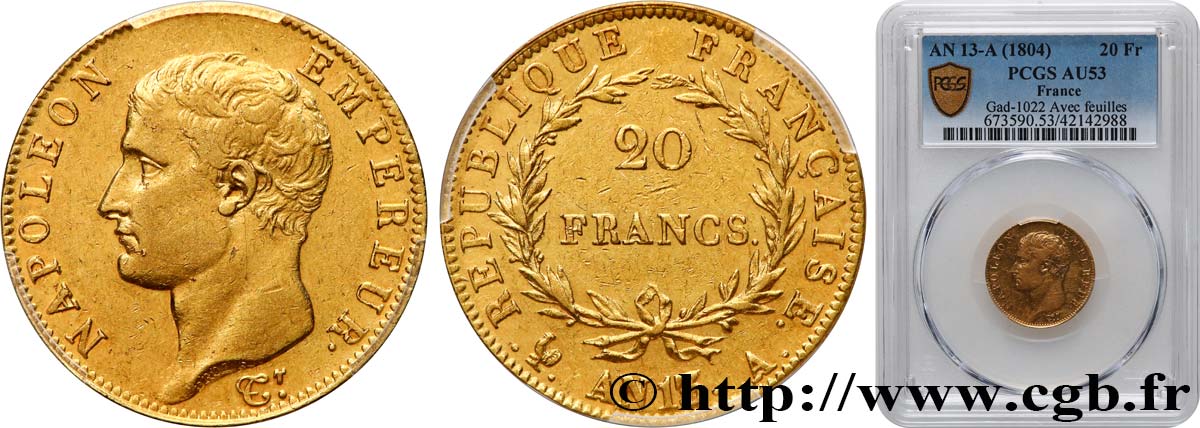 20 francs or Napoléon tête nue, Calendrier révolutionnaire 1805 Paris F.512/1 AU53 PCGS
