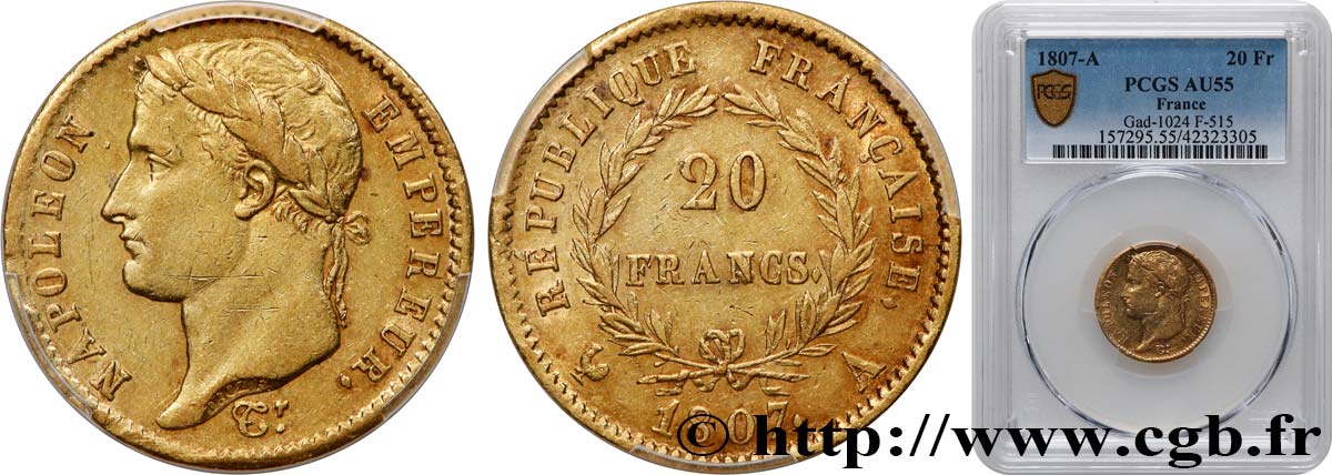 20 francs or Napoléon tête laurée, République française 1807 Paris F.515/1 AU55 PCGS