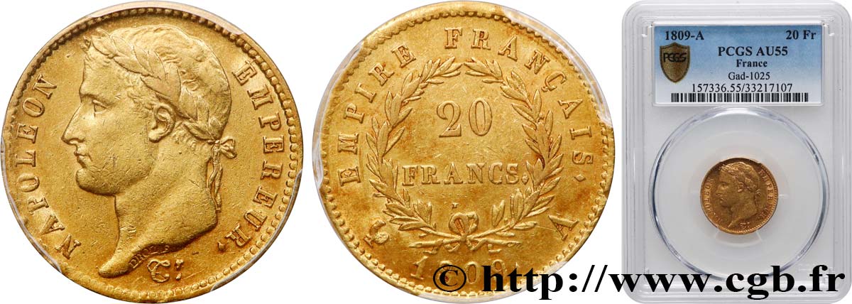 20 francs or Napoléon tête laurée, Empire français 1809 Paris F.516/1 SPL55 PCGS