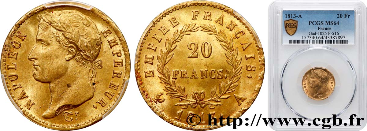20 francs or Napoléon tête laurée, Empire français 1813 Paris F.516/30 fST64 PCGS