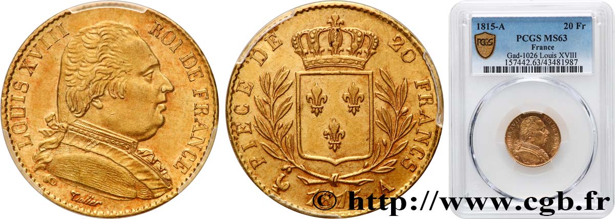20 francs or Louis XVIII, buste habillé 1815 Paris F.517/10 MS63 PCGS