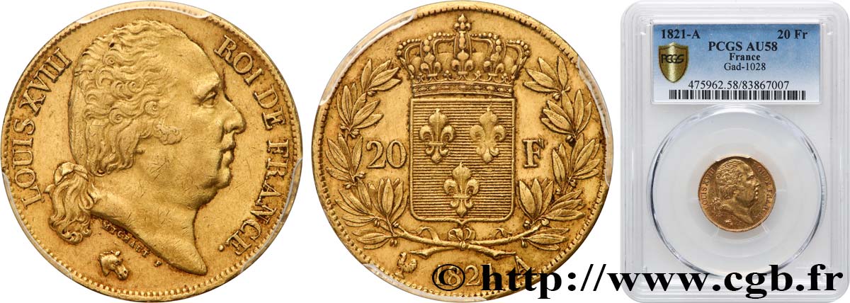20 francs or Louis XVIII, tête nue 1821 Paris F.519/24 AU58 PCGS
