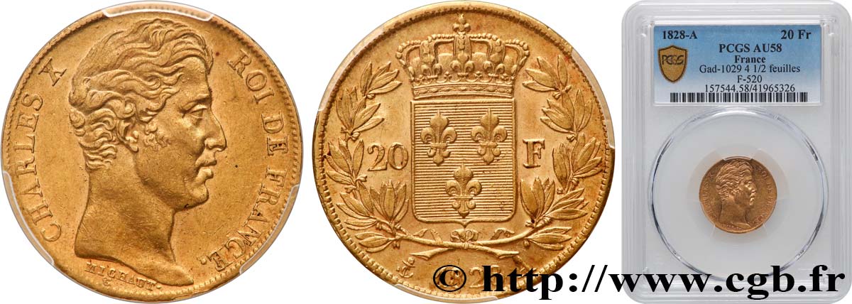 20 francs or Charles X, matrice du revers à quatre feuilles et demie 1828 Paris F.520/8 EBC58 PCGS