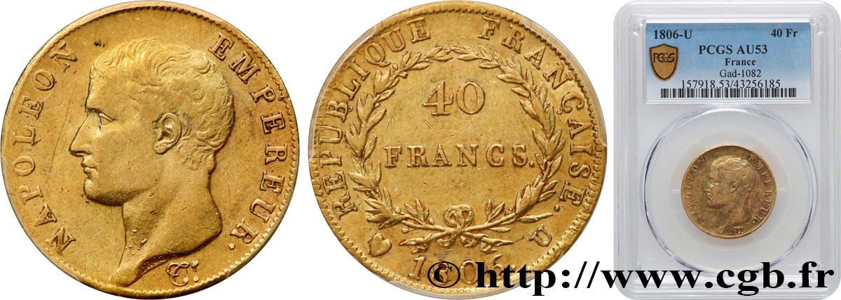 40 francs or Napoléon tête nue, Calendrier grégorien 1806 Turin F.538/4 SS53 PCGS