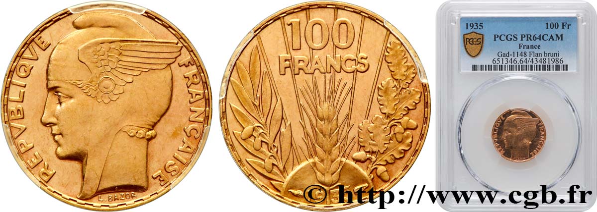 100 francs or, Bazor, Flan Bruni 1935 Paris F.554/6 var. MS64 PCGS