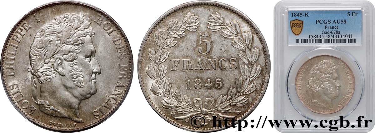 5 francs IIIe type Domard 1845 Bordeaux F.325/8 AU58 PCGS