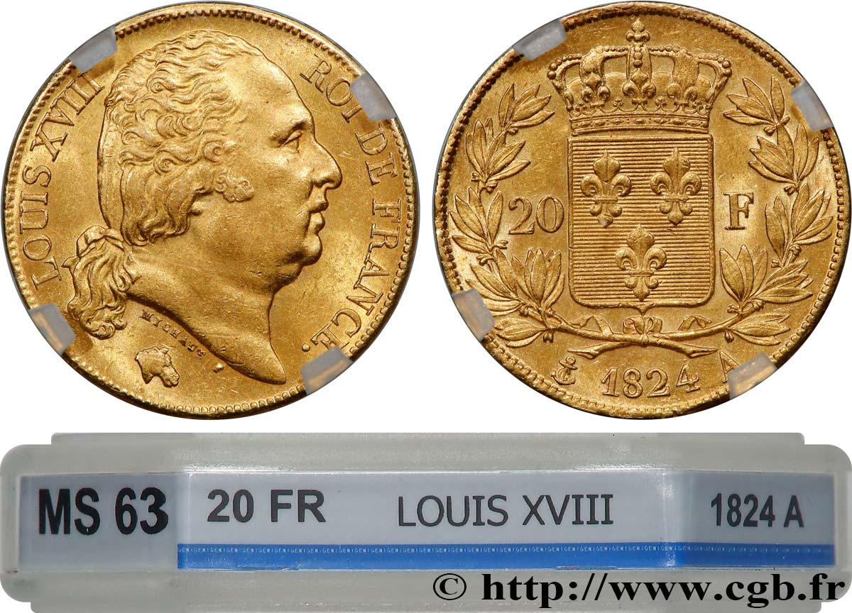 20 francs or Louis XVIII, tête nue 1824 Paris F.519/31 MS63 GENI