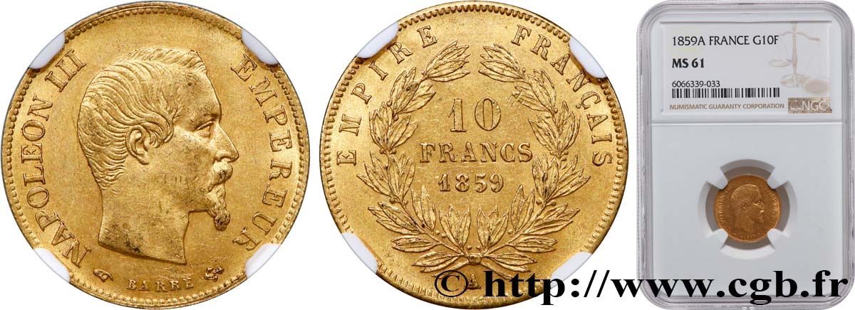 10 francs or Napoléon III, tête nue 1859 Paris F.506/7 MS61 NGC