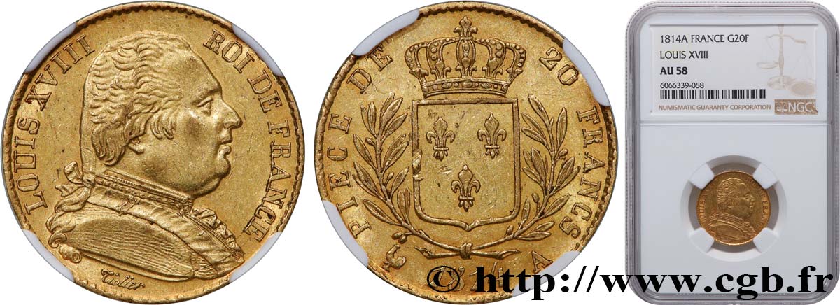 20 francs or Louis XVIII, buste habillé 1814 Paris F.517/2 SPL58 NGC