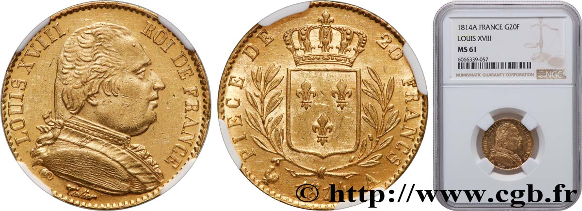 20 francs or Louis XVIII, buste habillé 1814 Paris F.517/2 VZ61 NGC