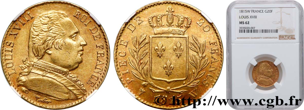 20 francs or Louis XVIII, buste habillé 1815 Lille F.517/18 VZ62 NGC