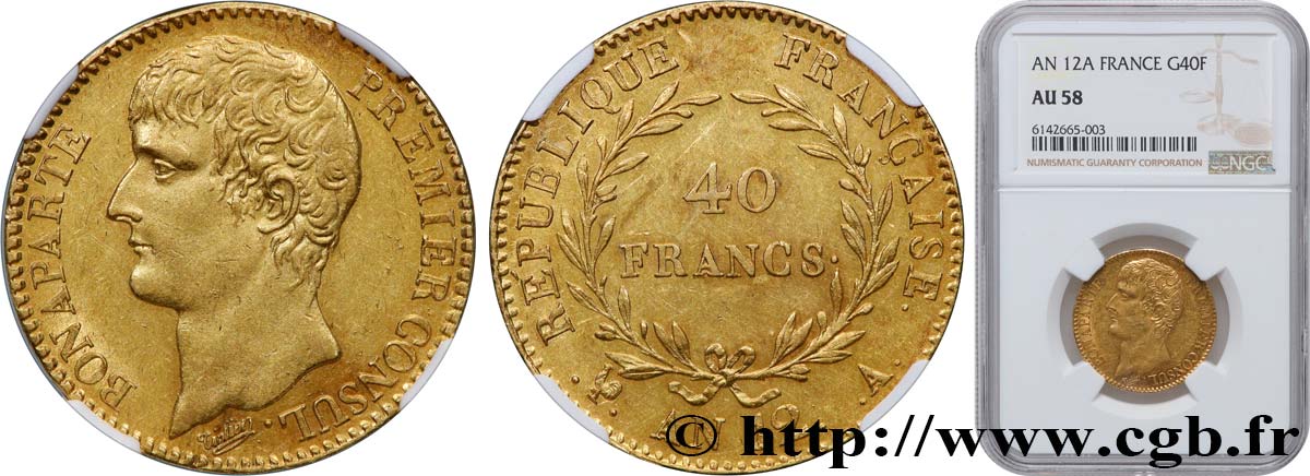 40 francs or Bonaparte Premier Consul 1804 Paris F.536/6 SPL58 NGC