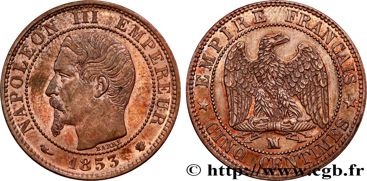 Cinq centimes Napoléon III, tête nue 1853 Marseille F.116/6 EBC+ 