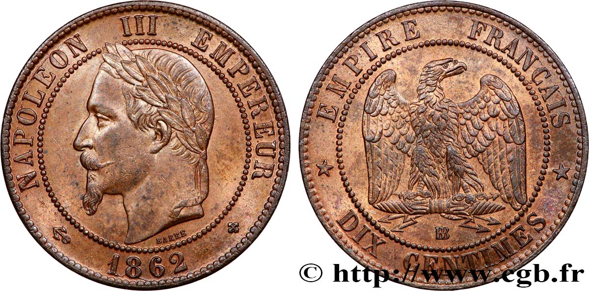 Dix centimes Napoléon III, tête laurée 1862 Strasbourg F.134/8 EBC61 