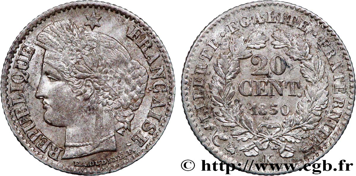 20 centimes Cérès, IIe République 1850 Bordeaux F.146/5 AU58 