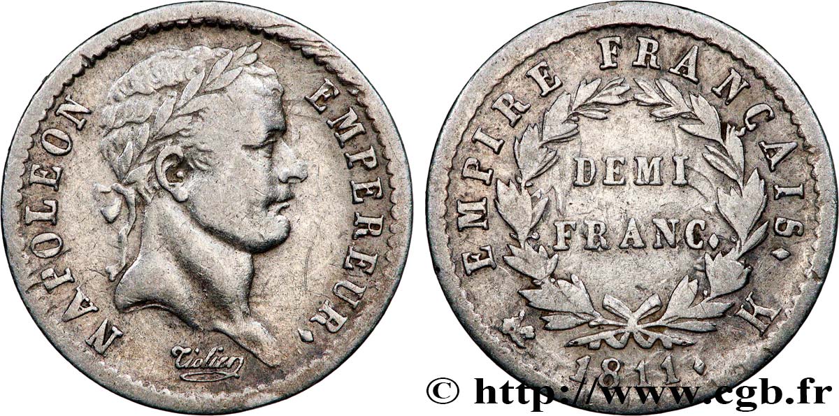 Demi-franc Napoléon Ier tête laurée, Empire français 1811 Bordeaux F.178/27 TB+/TB 