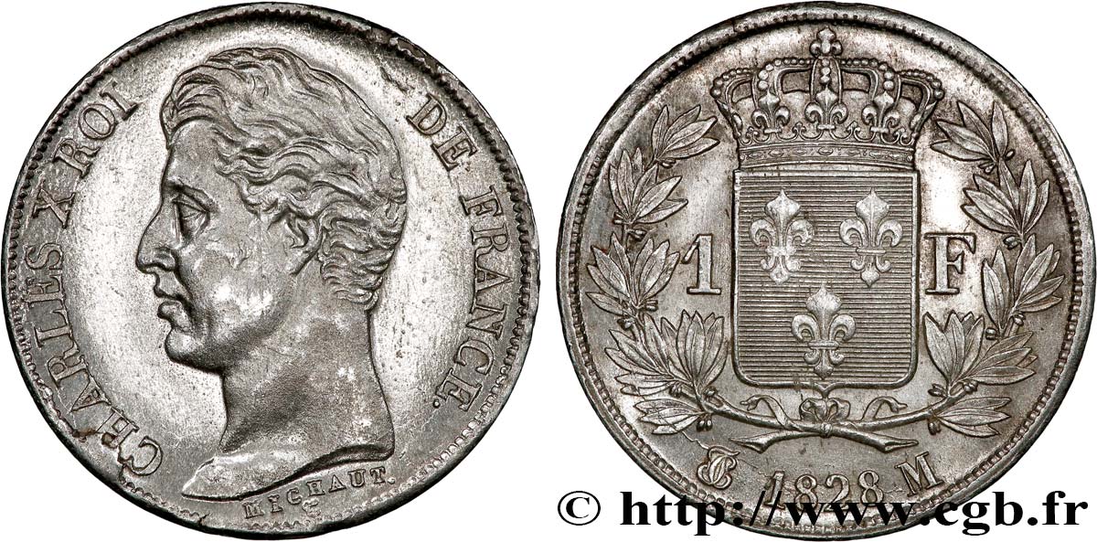 1 franc Charles X, matrice du revers à quatre feuilles 1828 Toulouse F.207A/9 VZ61 