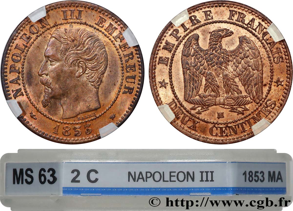 Deux centimes Napoléon III, tête nue 1853 Marseille F.107/7 fST63 GENI