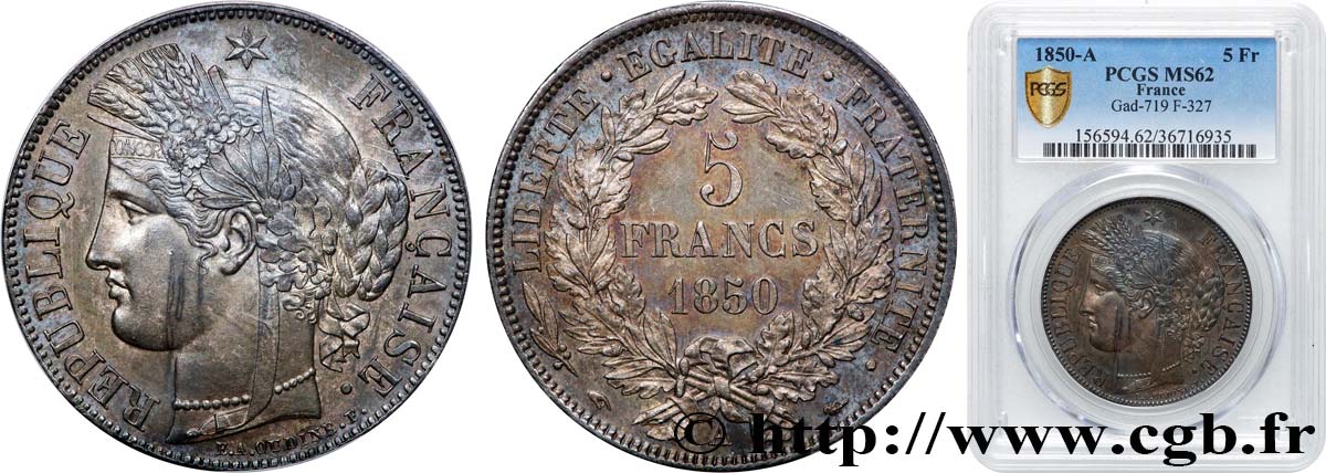 5 francs Cérès, IIe République 1850 Paris F.327/4 EBC62 PCGS