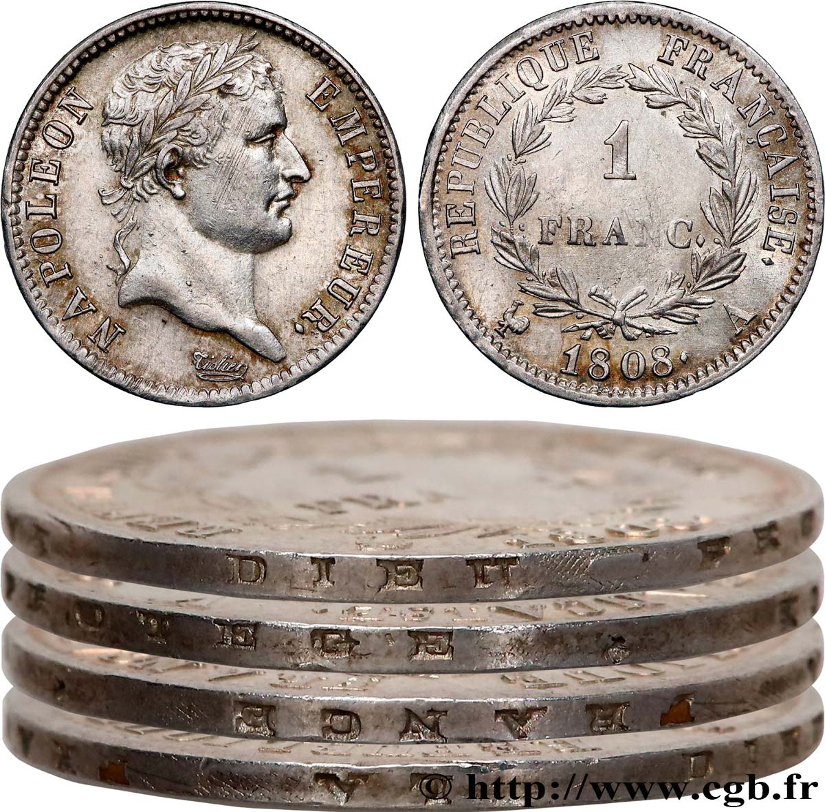 1 franc Napoléon Ier tête laurée, République française, Tranche Fautée avec réglettes retournées 1808 Paris F.204/2 SPL 
