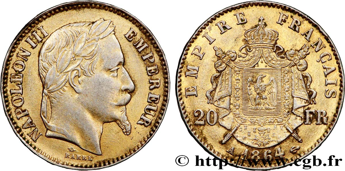 FAUX de 20 francs or Napoléon III, tête laurée en Platine doré 1864 Paris F.532/8 var. MBC 