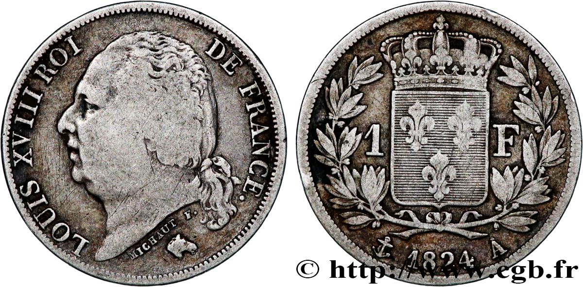 1 franc Louis XVIII 1824 Paris F.206/56 BC 