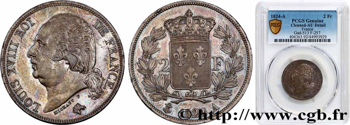 2 francs Louis XVIII 1824 Paris F.257/51 AU PCGS