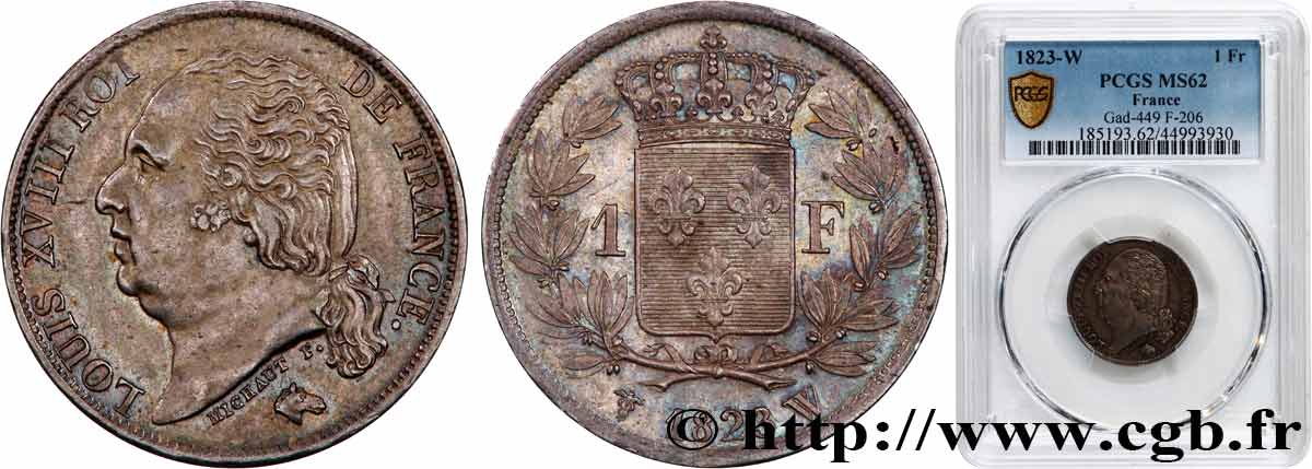1 franc Louis XVIII 1823 Lille F.206/54 SUP62 PCGS