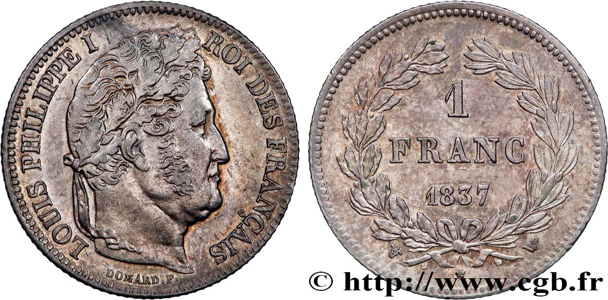 1 franc Louis-Philippe, couronne de chêne 1837 Lille F.210/61 VZ58 