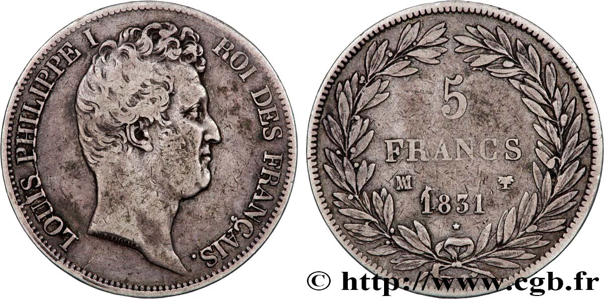 5 francs type Tiolier avec le I, tranche en creux 1831 Marseille F.315/23 TB35 