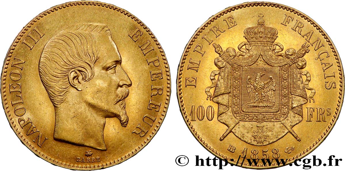 100 francs or Napoléon III, tête nue 1858 Strasbourg F.550/6 SUP58 