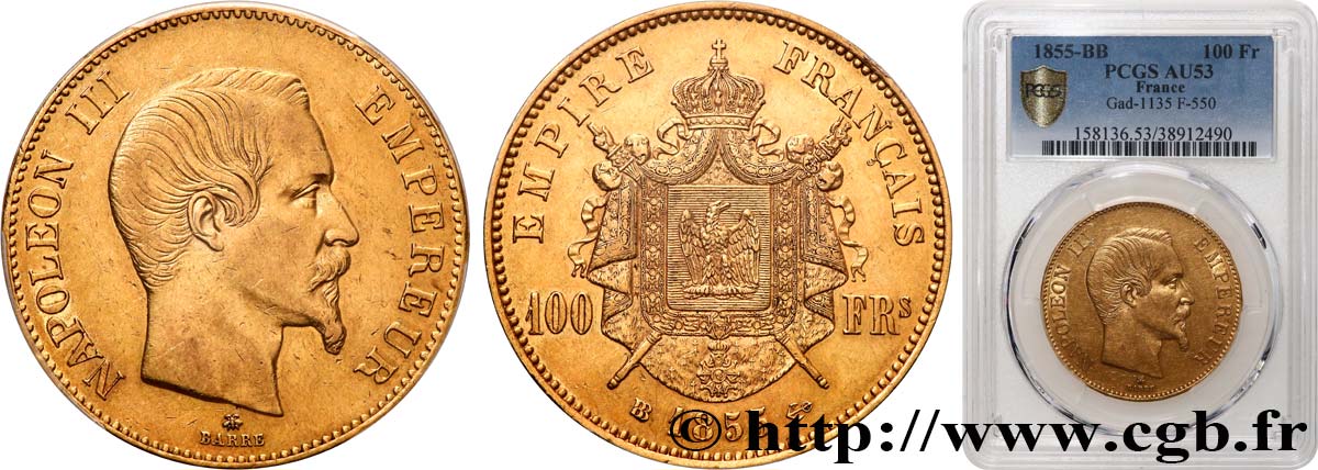 100 francs or Napoléon III, tête nue 1855 Strasbourg F.550/2 AU53 PCGS